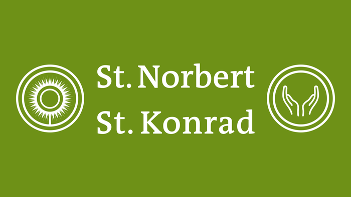 Das Logo zeigt die Namen St. Norbert und St. Konrad mit Symbolen auf grünem Hintergrund