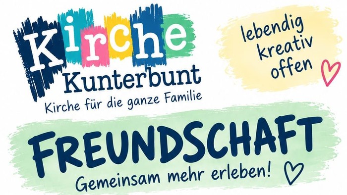 Buntes Plakat zur Bewerbung einer familienfreundlichen Kirchenveranstaltung mit Fokus auf Freundschaftsaktivitäten und Gemeinschaftsengagement.