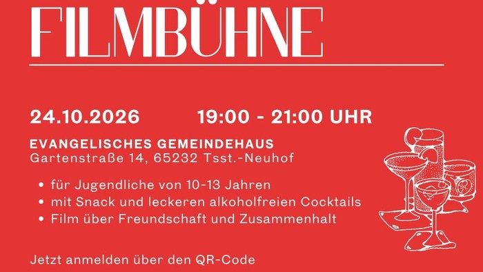 Filmveranstaltungsposter für Jugendliche mit Snacks, alkoholfreien Getränken und einem Freundschaftsfilm am 24. Oktober 2026.
