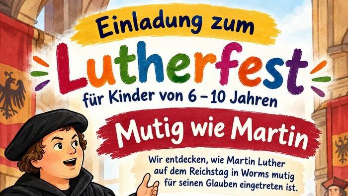 Einladungsplakat für ein Kinder-Lutherfest zur Feier von Martin Luthers Mut für Kinder von 6 bis 10 Jahren.
