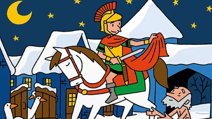Ein Ritter reitet nachts auf einem Pferd durch eine verschneite Landschaft