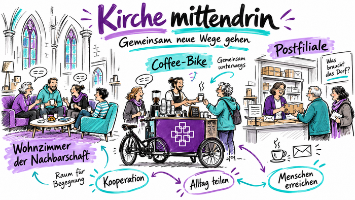 Eine farbenfrohe Sketchnote „Kirche mittendrin“ zeigt Beispiele für neue Wege kirchlicher Arbeit: einen Kirchraum als Wohnzimmer der, ein Coffee-Bike und eine Postfiliale. Menschen begegnen sich, trinken Kaffee und nutzen die Angebote.