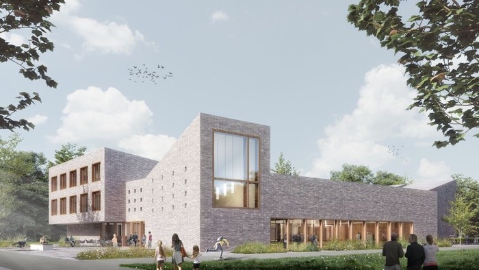 Visualisierung des geplanten Begegnungszentrums Zuversicht: modernes, kantiges Gebäude mit großem Fenster im Mittelteil und Menschen auf dem Vorplatz