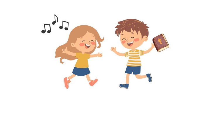 Zwei singende Kinder mit Bibel in der Hand; Graphik