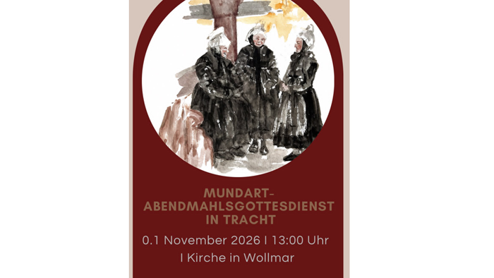 Plakat für einen traditionellen Dialekt-Gottesdienst in Wollmar am 1. November 2026 mit Trachten.