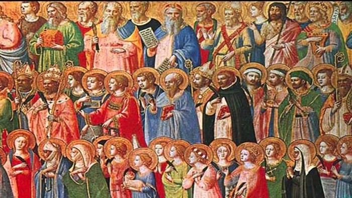 Vibrant medieval religious fresco depicting numerous saints and holy figures in elaborate medieval attire.