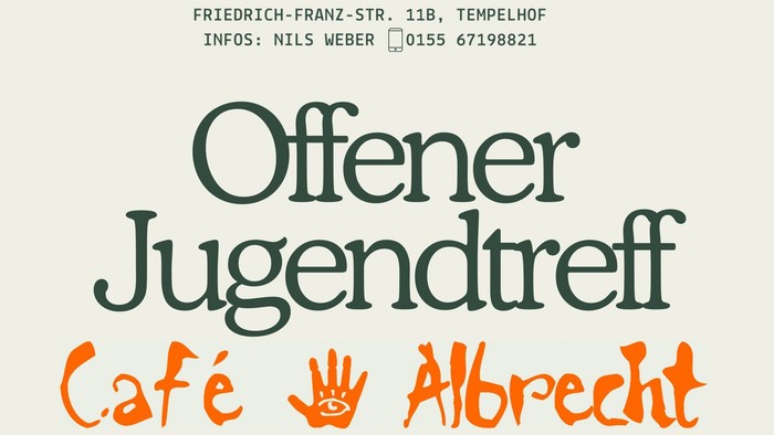 Offene Jugendtreffs im Café Albrecht mit Spielen, Musik und Aktivitäten an ausgewählten Tagen und Zeiten.