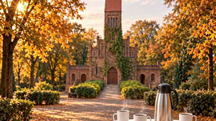Ein gemütlicher Gartentisch mit Teeservice auf einem Kopfsteinpflasterweg neben herbstlichen Bäumen und einem historischen Gebäude.