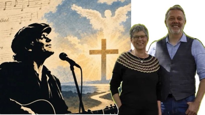 Til venstre Kim Larsen med guitar og mikrofon, i baggrunden skyer som engel og et kors, til højre foto af foredragsholderens Helle Erdmann frantzen og Jost van Ingen