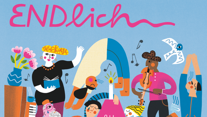 Buntes Poster mit einer vielfältigen Gruppe von Menschen und dem Text *„ENDlich“* oben.