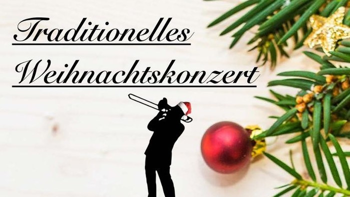 Ein festliches Bild mit der Silhouette einer Person, die eine Tuba spielt, Weihnachtsdekorationen und deutschem Text.
