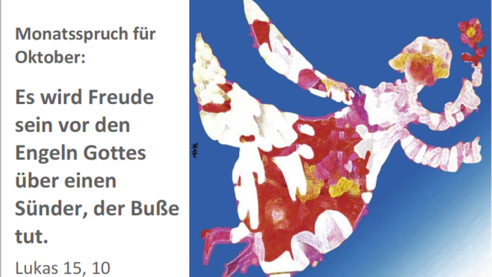 Bunte Papierkunst eines Engels mit deutschem Text, der sich auf Lukas 15,10 bezieht – über die Freude über die Umkehr.