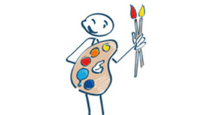Ein Cartoon-Zeichner, der Pinsel und eine Palette mit verschiedenen Farben hält.