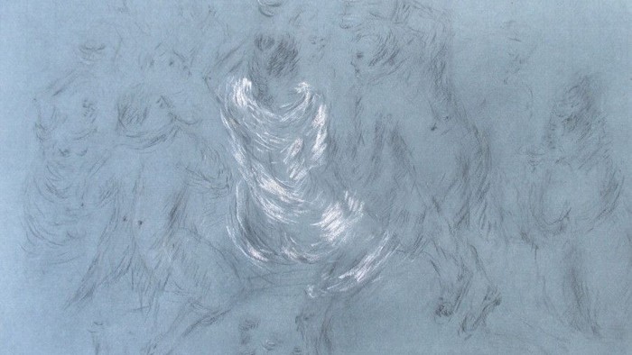 Abstrakte, wirbelnde Linien erzeugen ein dynamisches, ätherisches Muster, das an fließendes Wasser oder kosmische Energie erinnert.
