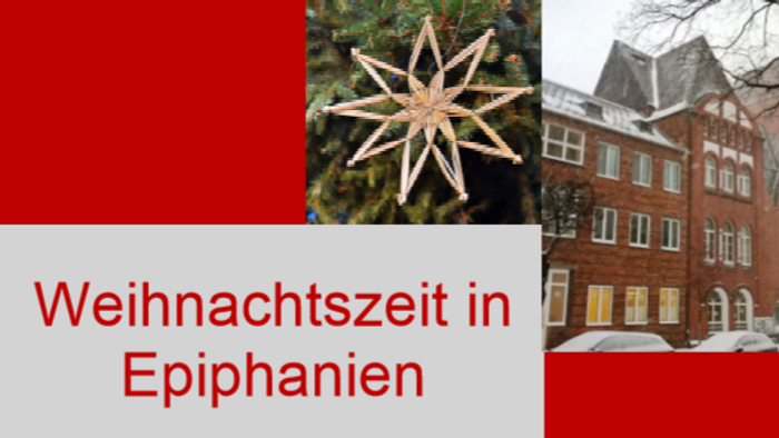 Weihnachtszeitliche Einladung in der Epiphanias-Stadt mit festlichen Dekorationen und verschneiter Architektur.
