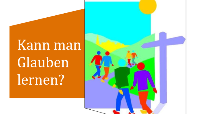 „Ein Flyer zur Bewerbung eines sechsteiligen Kurses, der der Frage nachgeht: *Kann man Glauben lernen?* – mit einem einführenden Abendveranstaltung.“