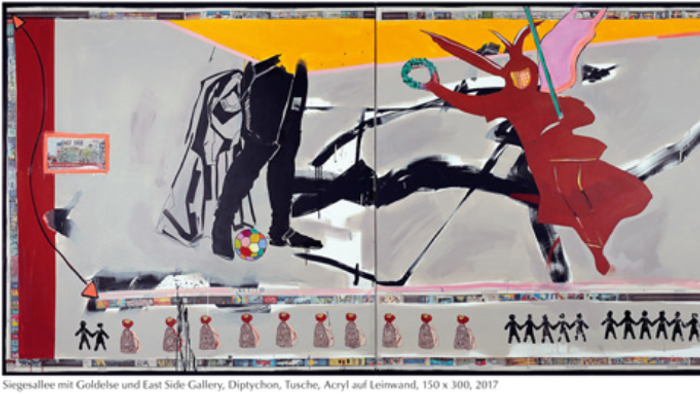 Abstraktes dynamisches Kunstwerk mit einer surrealen Kampfszenen-Darstellung in lebendigen Farben und stilisierten menschlichen Figuren.