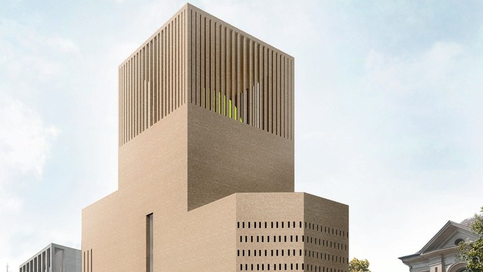 Modernes Gebäude mit markanter Fassade und vertikalen Linien, umgeben von weiteren Gebäuden und Bäumen