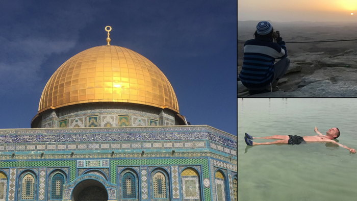 Billeder af Jerusalem, blå og guld kuppel, markedsbude, børn i vand, solnedgang