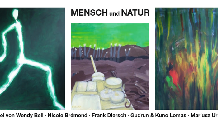 Kunstwerke mit dem Titel *„Mensch und Natur“* von fünf Künstler:innen, die Mensch-Natur-Themen in unterschiedlichen Stilen und Techniken darstellen.