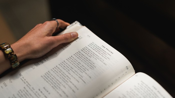 Eine Hand zeigt auf Text in einem offenen Buch, das mit dicht gedrucktem Inhalt gefüllt ist.