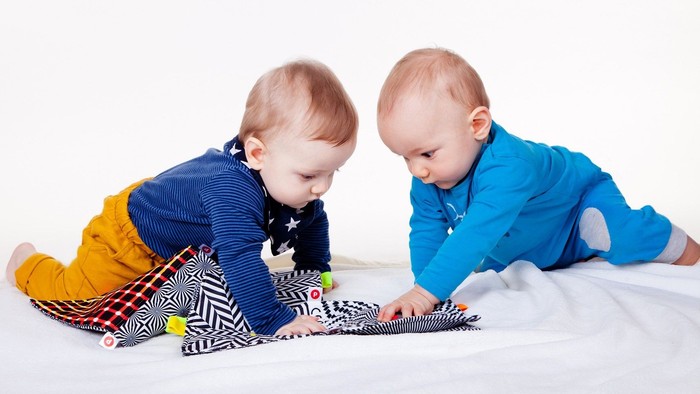 Zwei Babys liegen auf einer Decke und spielen mit einem bunten Spielzeug.