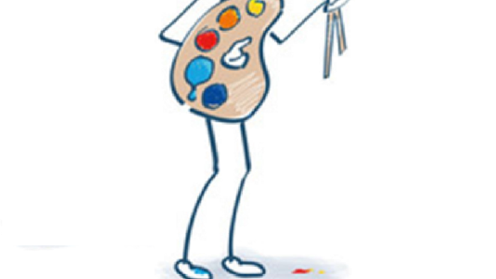 Ein Cartoon-Zeichner, der Pinsel und eine Palette mit verschiedenen Farben hält.
