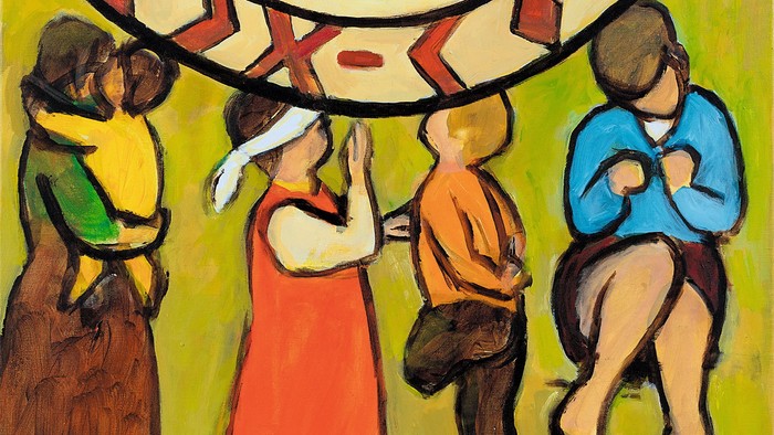 Ein farbenfrohes Gemälde zeigt Menschen, die unter einem Banner mit Trauben und Herzen tanzen