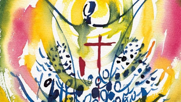 Lebendiges abstraktes Aquarell, das eine Kreuzigungsszene mit expressiven, stilisierten menschlichen Figuren darstellt.