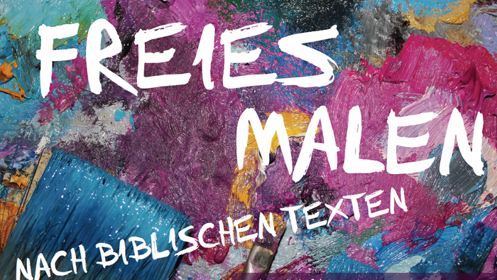 Buntes abstraktes Gemälde-Poster zur Werbung für kostenlose bibeltextbasierte Malkurse mit Kontaktdaten.