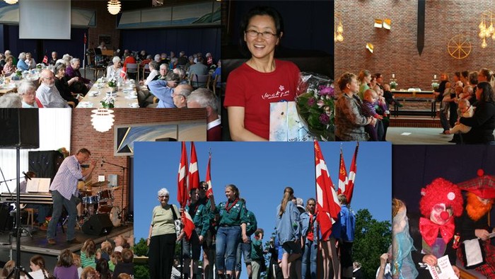 Billede af forskellige arrangementer med talende, flag og deltagere