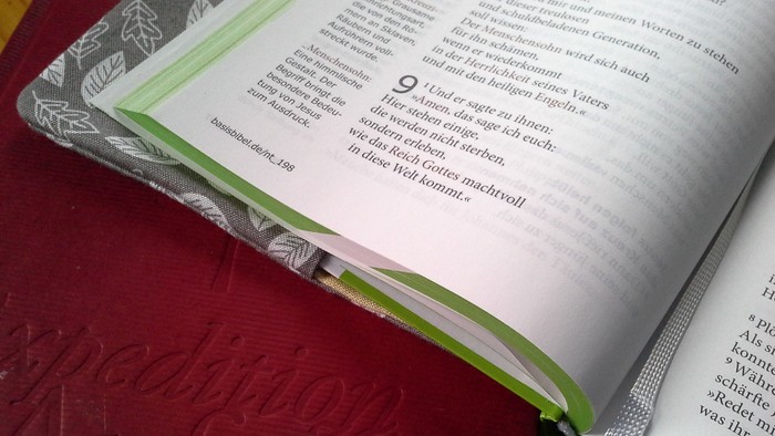 Offenes Buch mit Lesezeichen und Text in deutscher Sprache