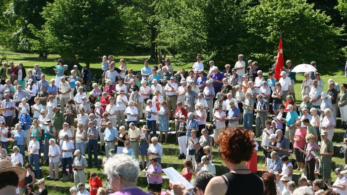 En stor folkemængde samlet i en park.