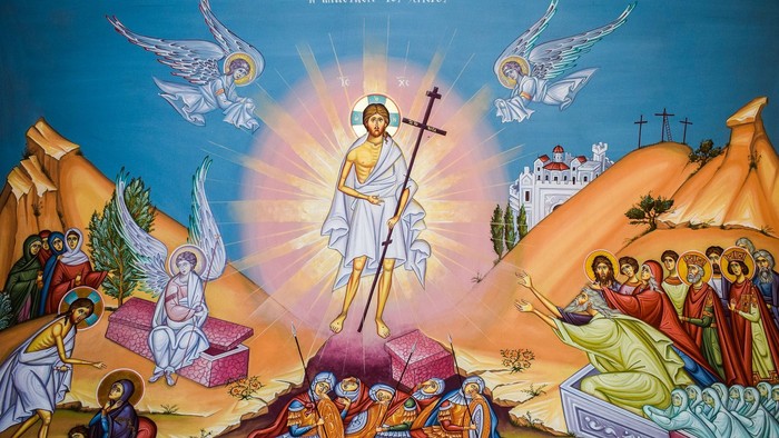 Das Bild zeigt eine religiöse Szene mit Engeln und Jesus Christus.