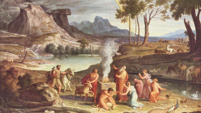 Das Bild zeigt eine Gruppe von Menschen in einer Landschaft mit Regenbogen und Tieren.