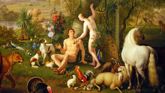 Das Bild zeigt Adam und Eva im Paradies mit verschiedenen Tieren.