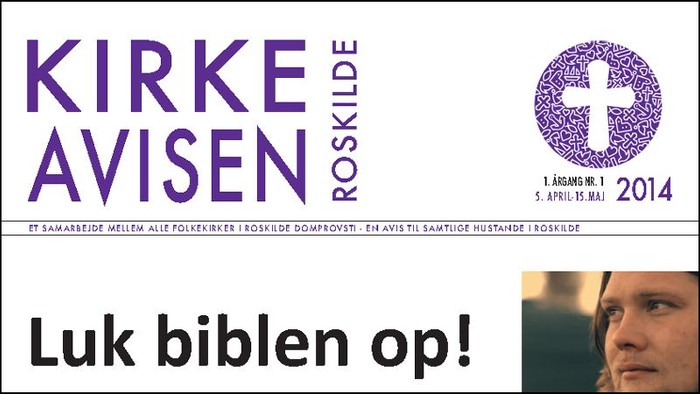 Bogomslag med kirke og person,