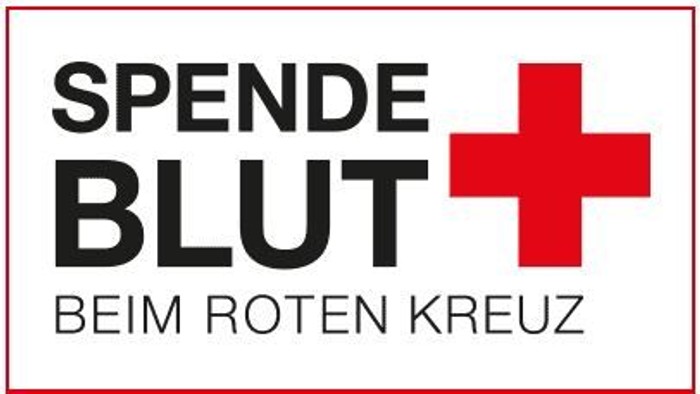 Logo, das zur Blutspende beim Roten Kreuz motiviert, mit dem Text *„Spende Blut beim Roten Kreuz“*.