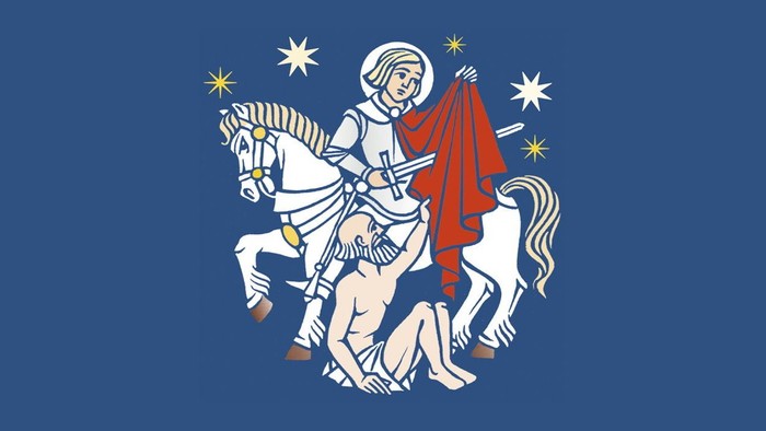 Das Bild zeigt ein blaues Flaggenbanner mit einem weißen Reitersymbol und roten Akzenten.