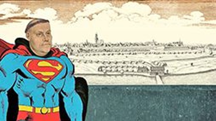 Ein Mann in einem Superman-Kostüm steht vor einem Stadtbild mit Wolken und Schiffen.