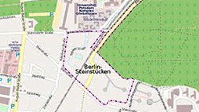 Die Karte zeigt den Stadtplan von Potsdam mit markierten Sehenswürdigkeiten und Straßen.