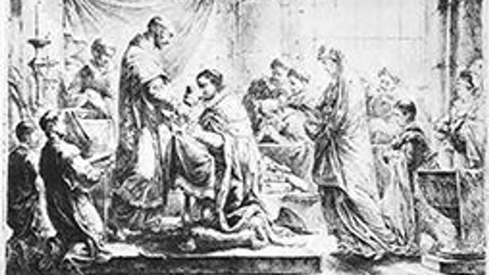Das Bild zeigt eine historische oder mythologische Szene mit mehreren Figuren in antiken Gewändern.