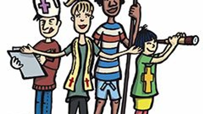 Vier Kinder mit verschiedenen Accessoires posieren für ein Foto