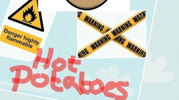 Cartoon potato with flames on top, labeled "Hot Potatoes" with warning tape