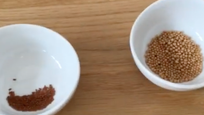 Zwei Schalen mit Gewürzen auf einem Holztisch