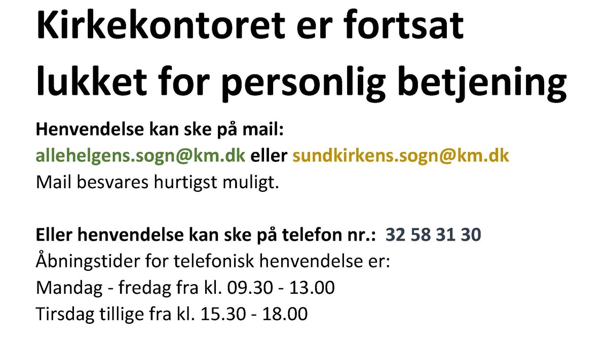 Kirkekontoret er lukket for personlig betjening