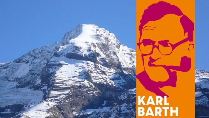Werbeplakat für Karl Barths Veranstaltung „Gott begegnet dem Menschen“ (2019) vor verschneiter Bergkulisse.