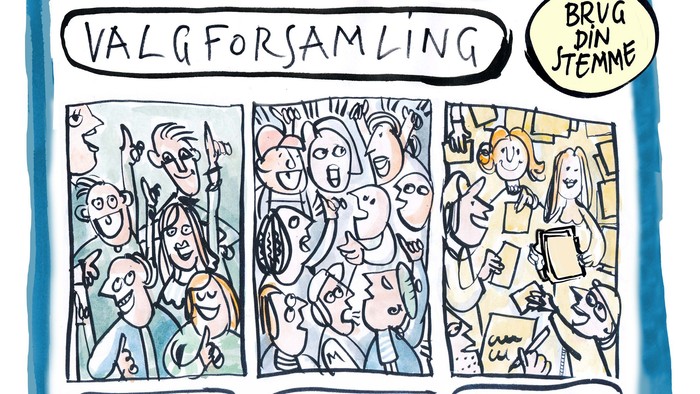 Valgforsamling med kandidater, debat og afstemning. Brug din stemme.