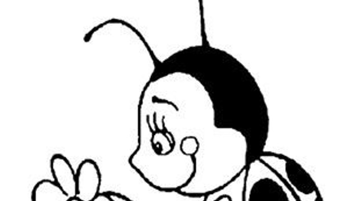 Ein schwarz-weißes Zeichentrickbild einer Marienkäfer-Dame mit einer Blume.