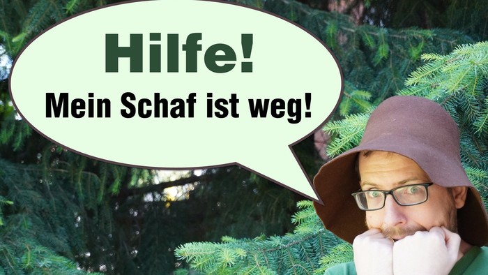 Eine besorgte Person mit Hut hält sich das Kinn, während in einer Sprechblase steht: „Hilfe! Mein Schaf ist verschwunden!“